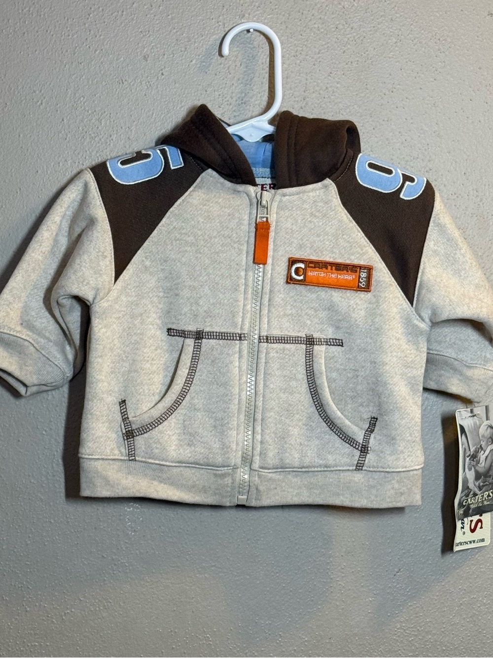 NWT Carter's Light Gray & Brown Zip Hoodie Sz  6-9 Mths
